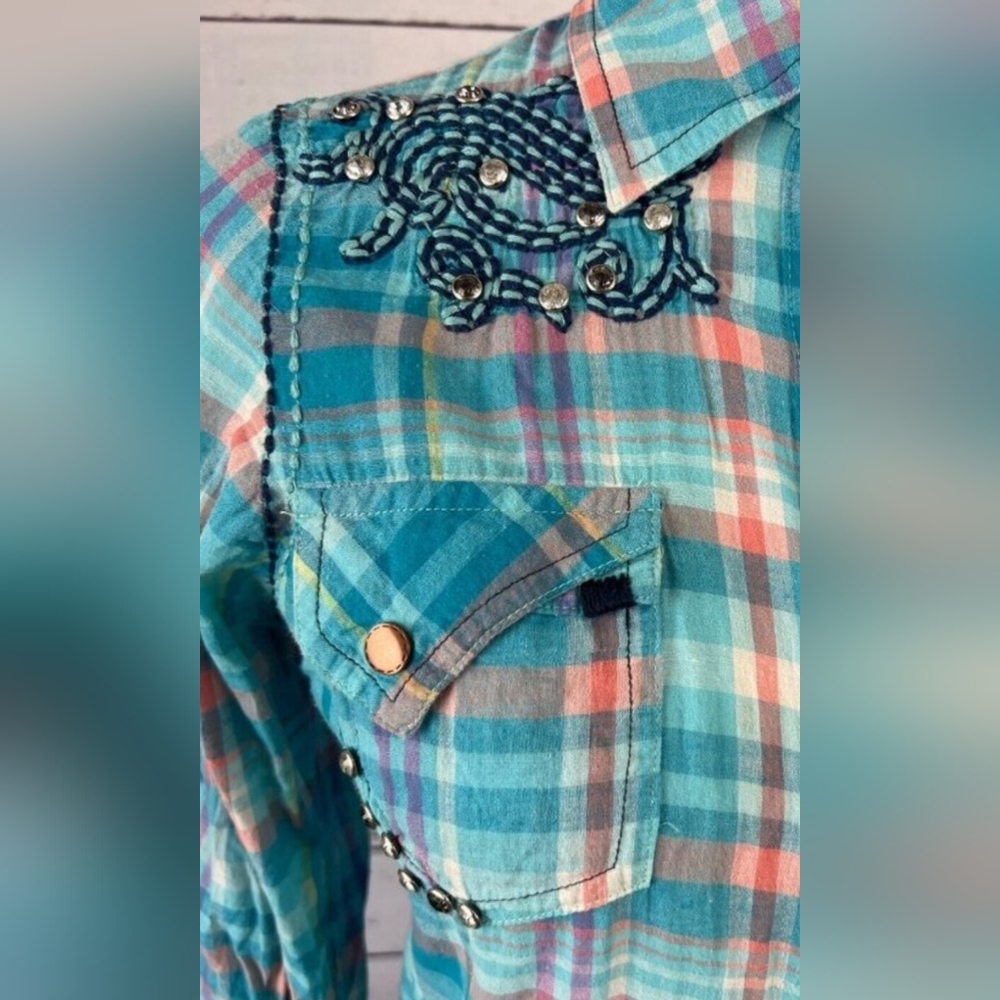 Roar Blue Plaid Button-Up Shirt with Embroidery And Riverts, Size M - Picture 12 of 13